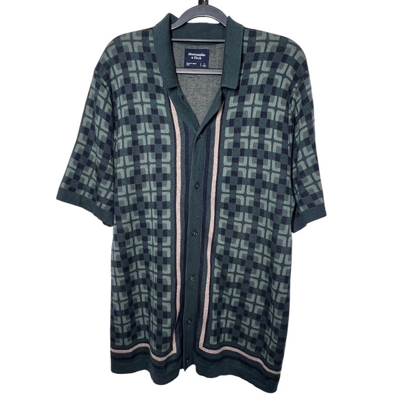 Abercrombie & Fitch Mens Button Up Shirt Short Sleeve Green Plaid Sweater Size L - Picture 1 of 6